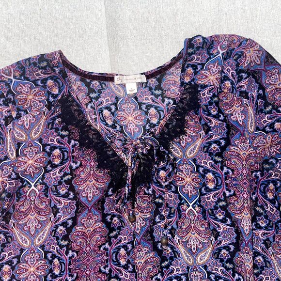Dressbarn | Paisley Peasant Top With Lace Trim | Large - Picture 3 of 9
